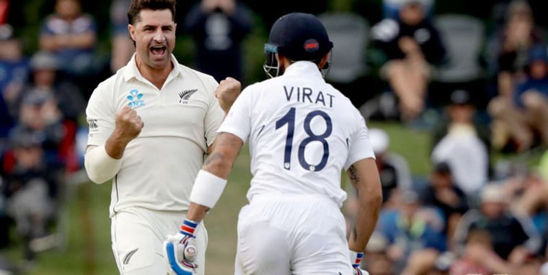 Colin de Grandhomme celebrating Virat Kohli's wicket.